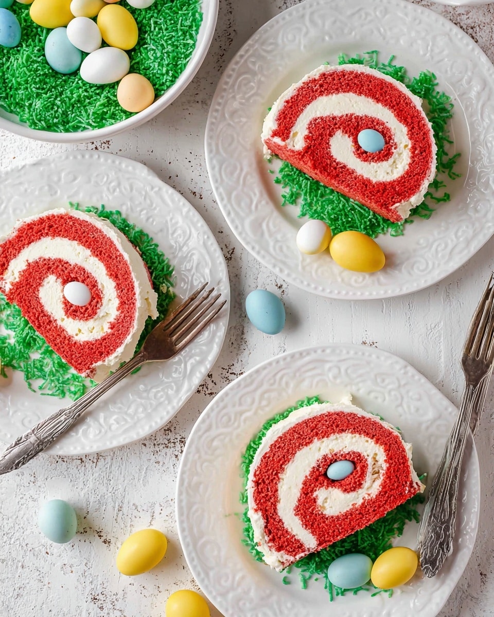 Strawberry Easter Cake Roll with Cream Filling and Coconut Decorations Recipe - Recipe Image