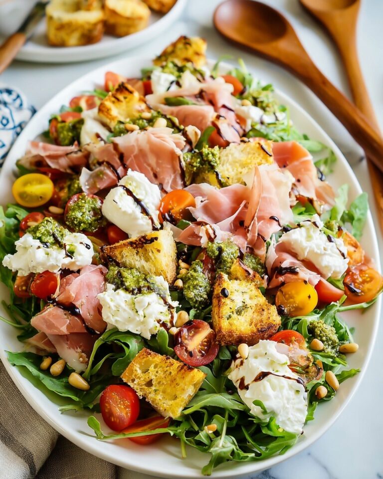 Arugula Burrata Salad with Prosciutto, Pine Nuts, and Pesto Recipe