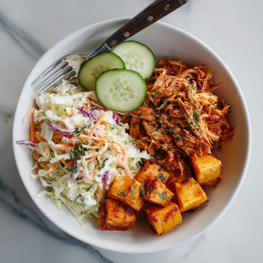 BBQ Chicken Bowls with Roasted Sweet Potatoes, Crunchy Coleslaw, and Pickles Recipe - Recipe Image